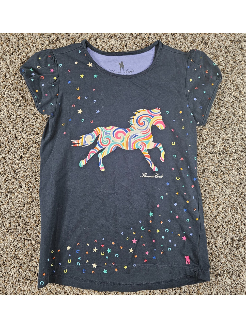 Thomas Cook Girls Sz 10 Short Sleeve T Shirt Rainbow Horse Print Cowboy Western
